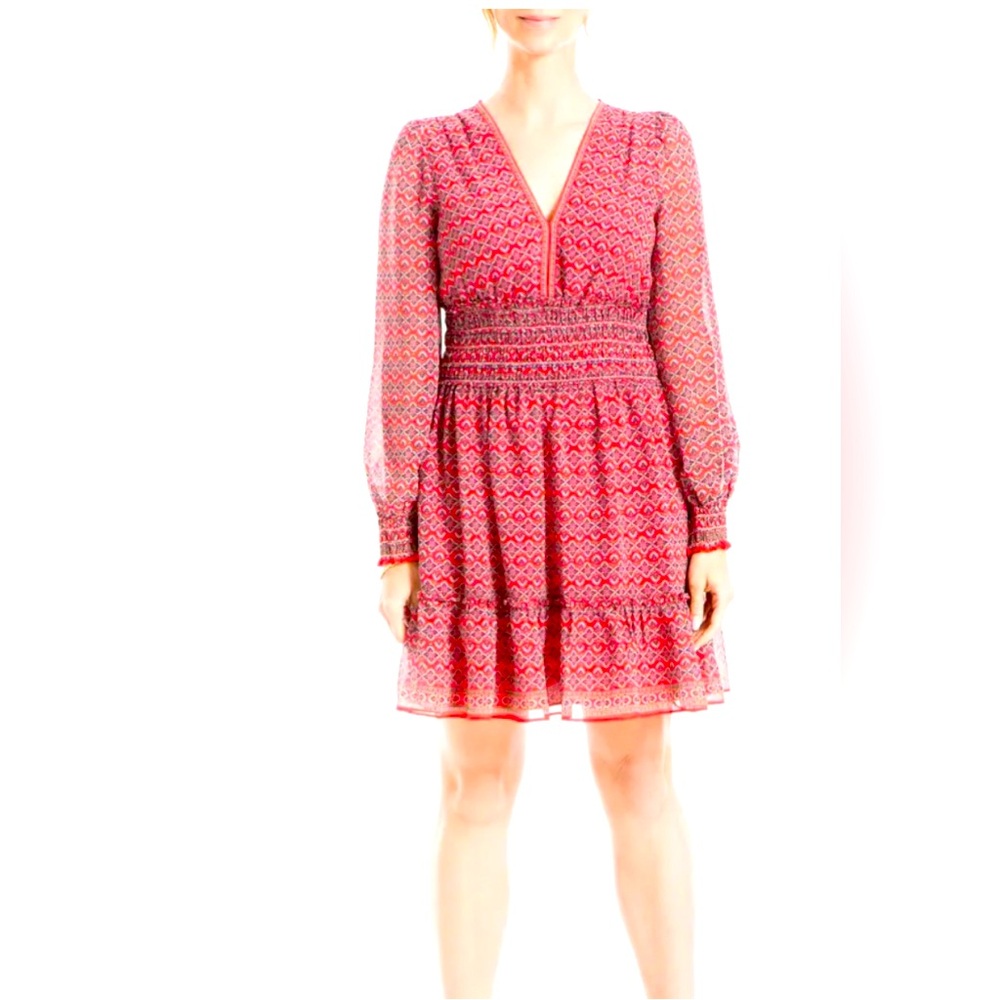 BNWT - Max Studio Geometric Floral Print Smocked Waist Dress, Cream/Green,Size L